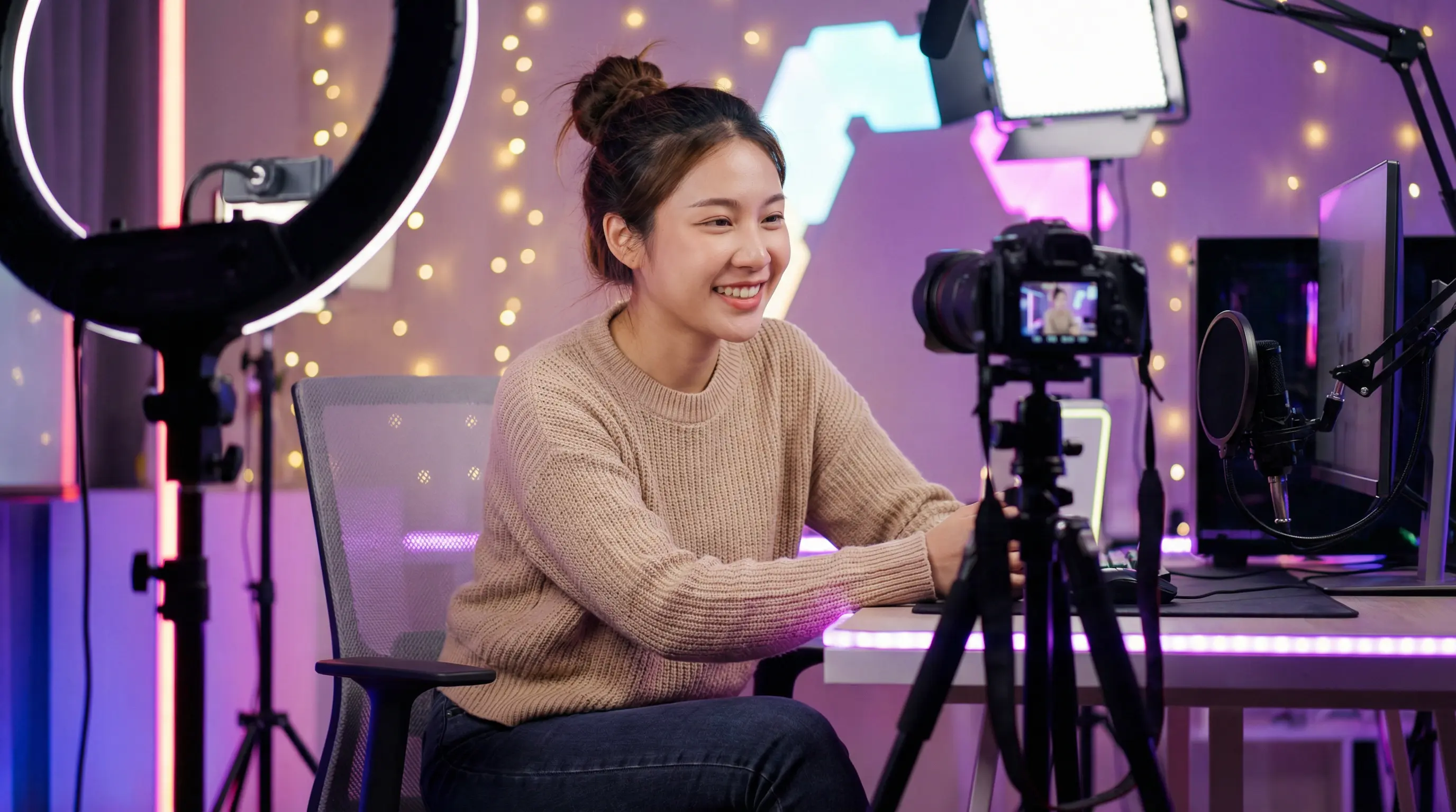 麻豆视频原创视频创作者在专业工作室录制视频